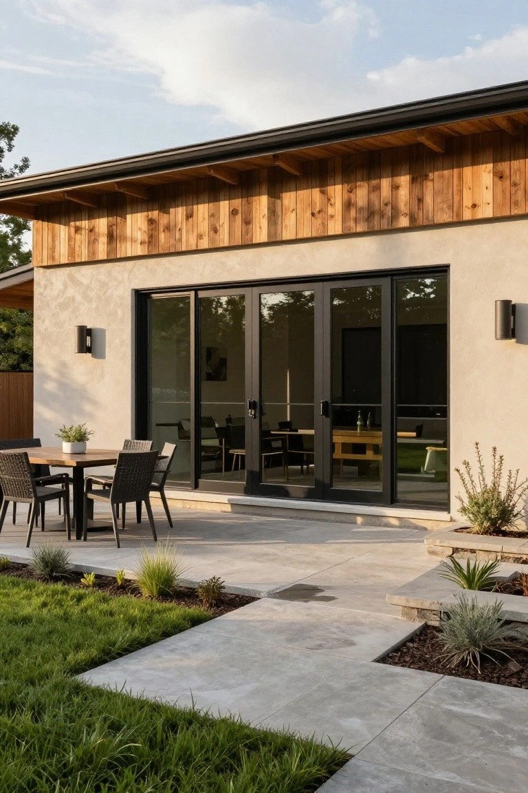 Modern house exterior with vertical wood cladding under the roof overhang, light beige stucco walls, black-framed sliding glass doors opening to a concrete paver patio with wooden dining table, wicker chairs, potted plants, and surrounding landscaped beds with grasses and agaves.