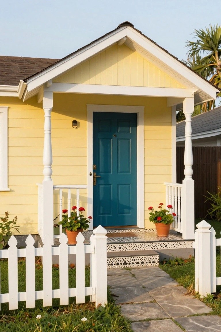 Pale yellow clapboard house with white porch columns and trim, turquoise blue front door, potted red geraniums on the steps, white picket fence, and stone pathway in front yard.