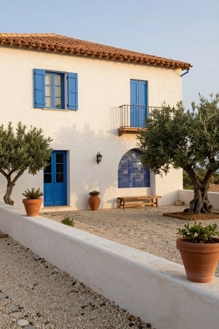 White stucco house with blue double front doors, blue shutters on windows, blue balcony doors, arched blue tile niche, terracotta tile roof, olive trees, potted plants, wooden bench, and gravel ground in front.