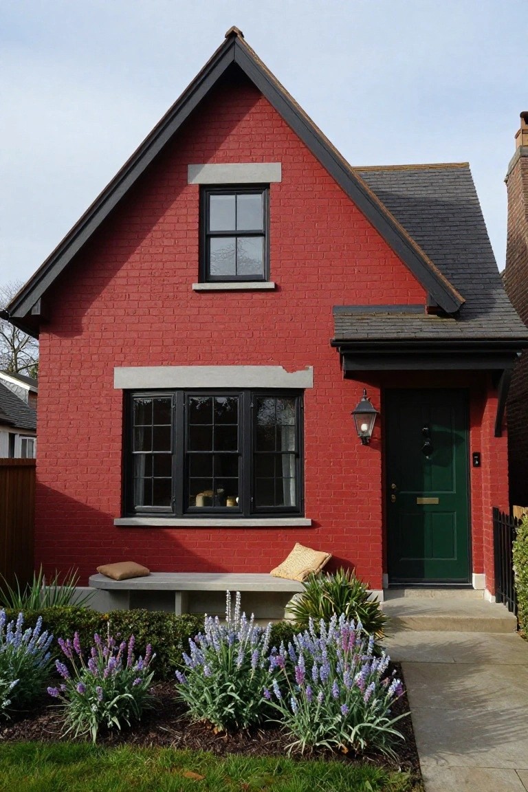 Red brick house with gabled roof, black window frames and trim, green front door, concrete bench, and lavender plants in front of the entry path.