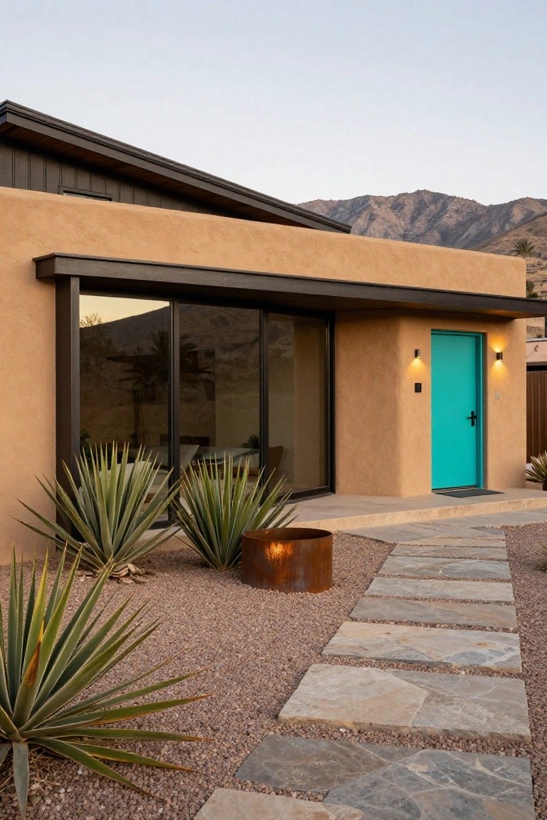 Tan adobe house exterior with black metal roof overhang, reflective glass windows, turquoise front door with black hardware, agave plants in gravel yard, rusted metal planter, stone pathway, and distant mountains at dusk.