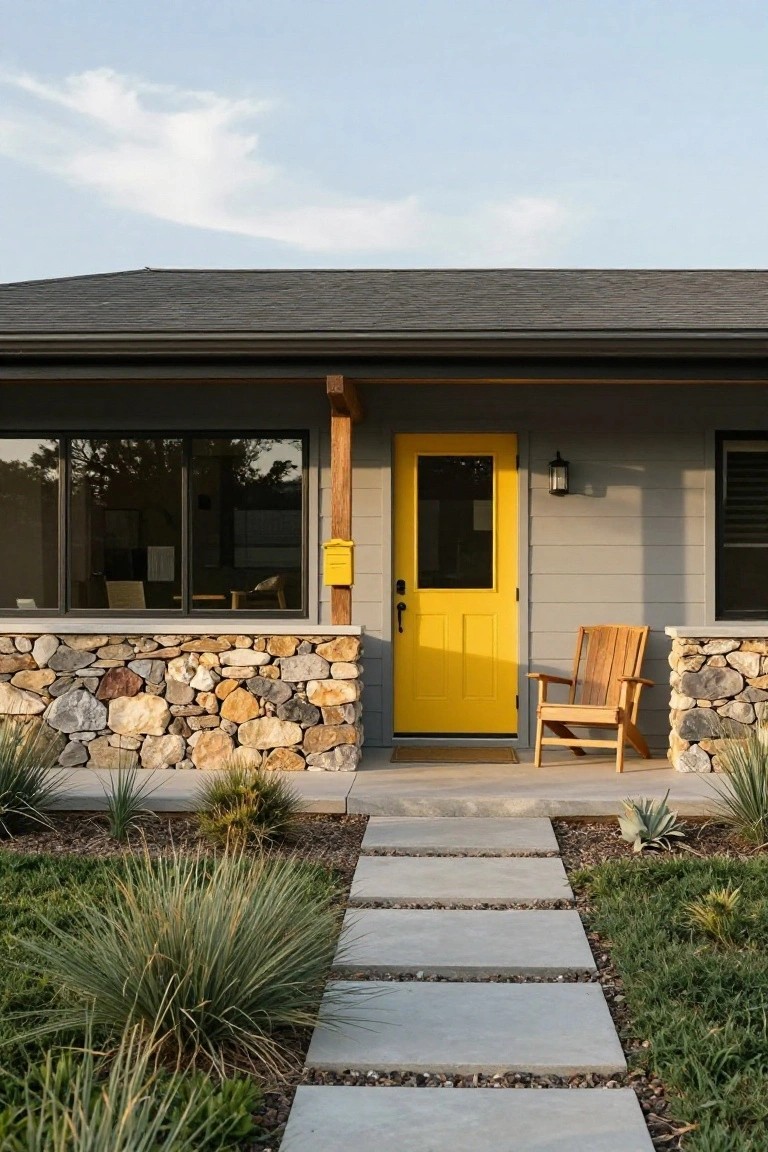 Gray house exterior with yellow front door, large windows, stone base walls, wooden porch chair, lantern light, concrete steps, and native plants along a pathway.