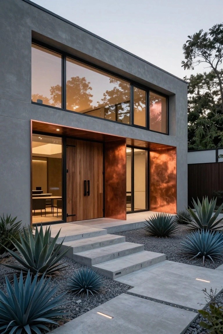 Modern single-story house exterior with gray stucco walls, large horizontal windows, copper-clad entryway framing wooden double doors, concrete steps leading to the entrance, and agave plants with gravel landscaping in front.