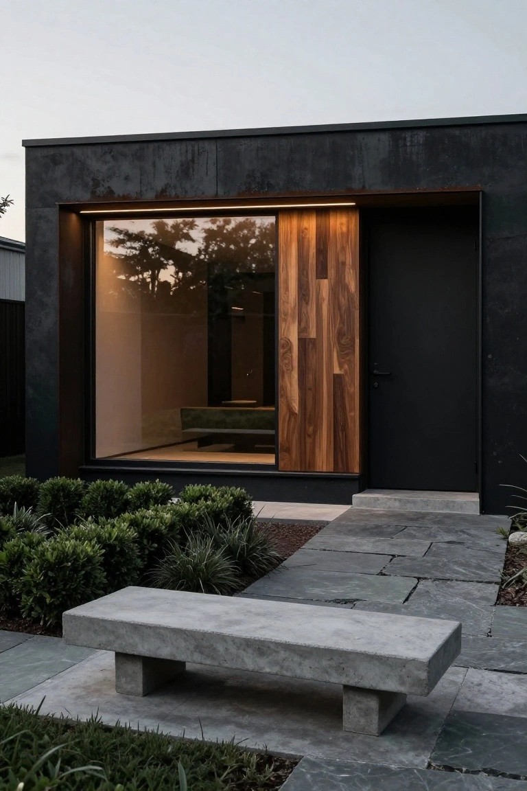 Modern boxy house with dark textured siding, large floor-to-ceiling window, vertical wood panels beside black front door, concrete bench, stone slab path, and low green shrubs in front yard.