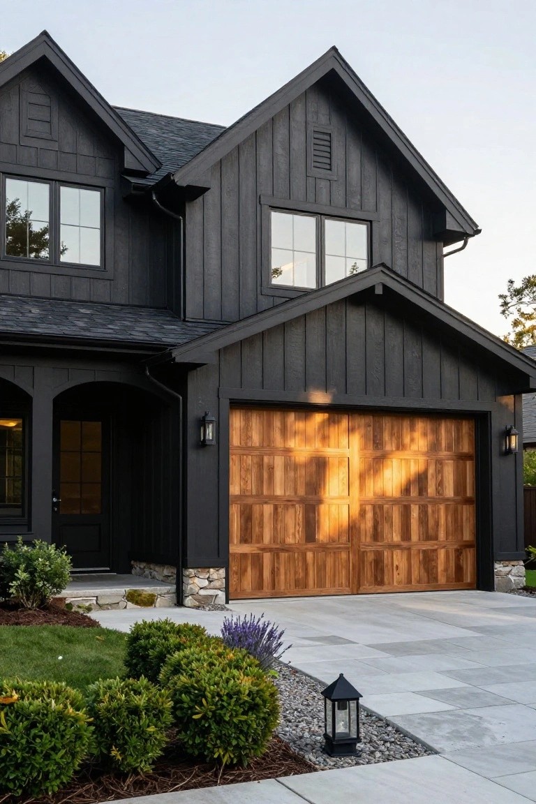 Two-story house with black board-and-batten siding, open light brown paneled garage door, arched black front entry, stone accents, and front yard landscaping including grass, shrubs, lavender, and paver driveway at sunset.