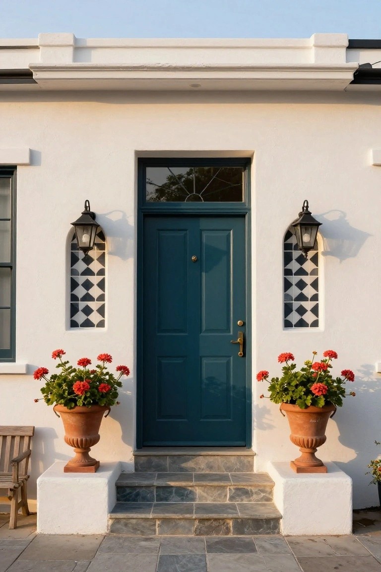 White stucco house facade with dark teal front door, flanked by black lanterns in arched niches with diamond tile patterns, red geraniums in terracotta urns on pedestals, wooden bench, and slate steps.