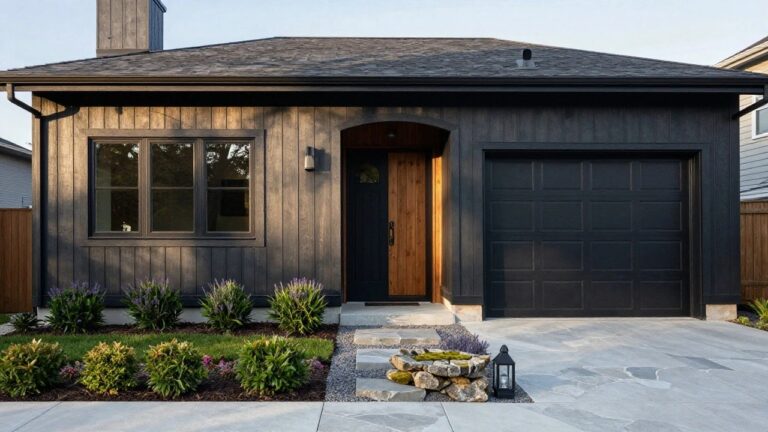 Two-story house with black board-and-batten siding, open light brown paneled garage door, arched black front entry, stone accents, and front yard landscaping including grass, shrubs, lavender, and paver driveway at sunset.