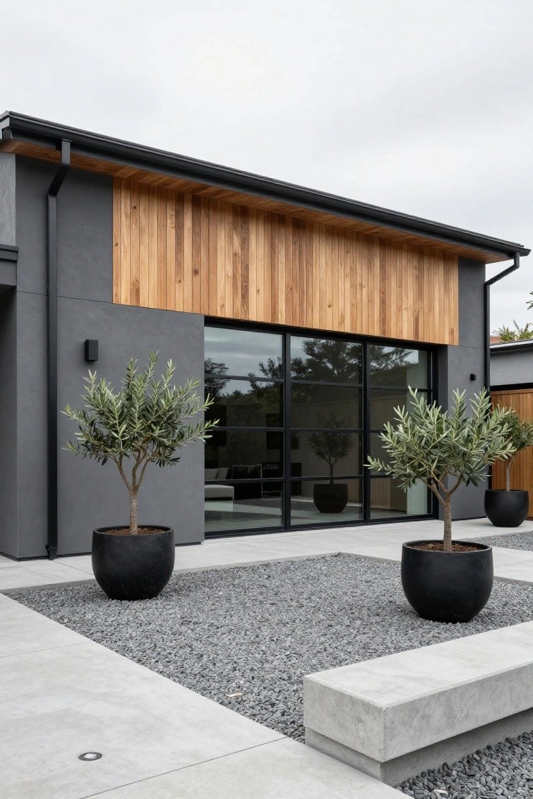 Modern house exterior with dark gray siding, horizontal wood cladding above large black-framed sliding glass doors, flanked by two potted olive trees on a gravel patio area with concrete bench and light gray pavers.