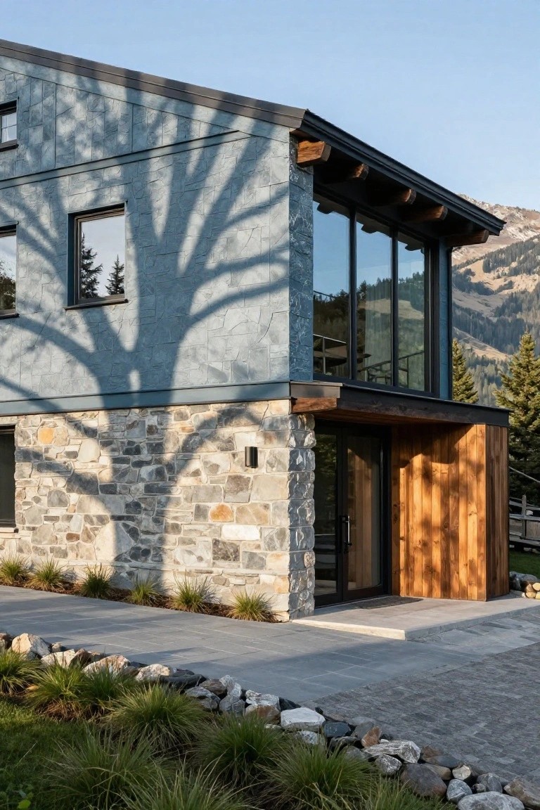 Modern house exterior with blue-gray textured siding over a light stone base, wood entry door and accents, large glass windows, pathway, low plants, rocks, and mountain backdrop.