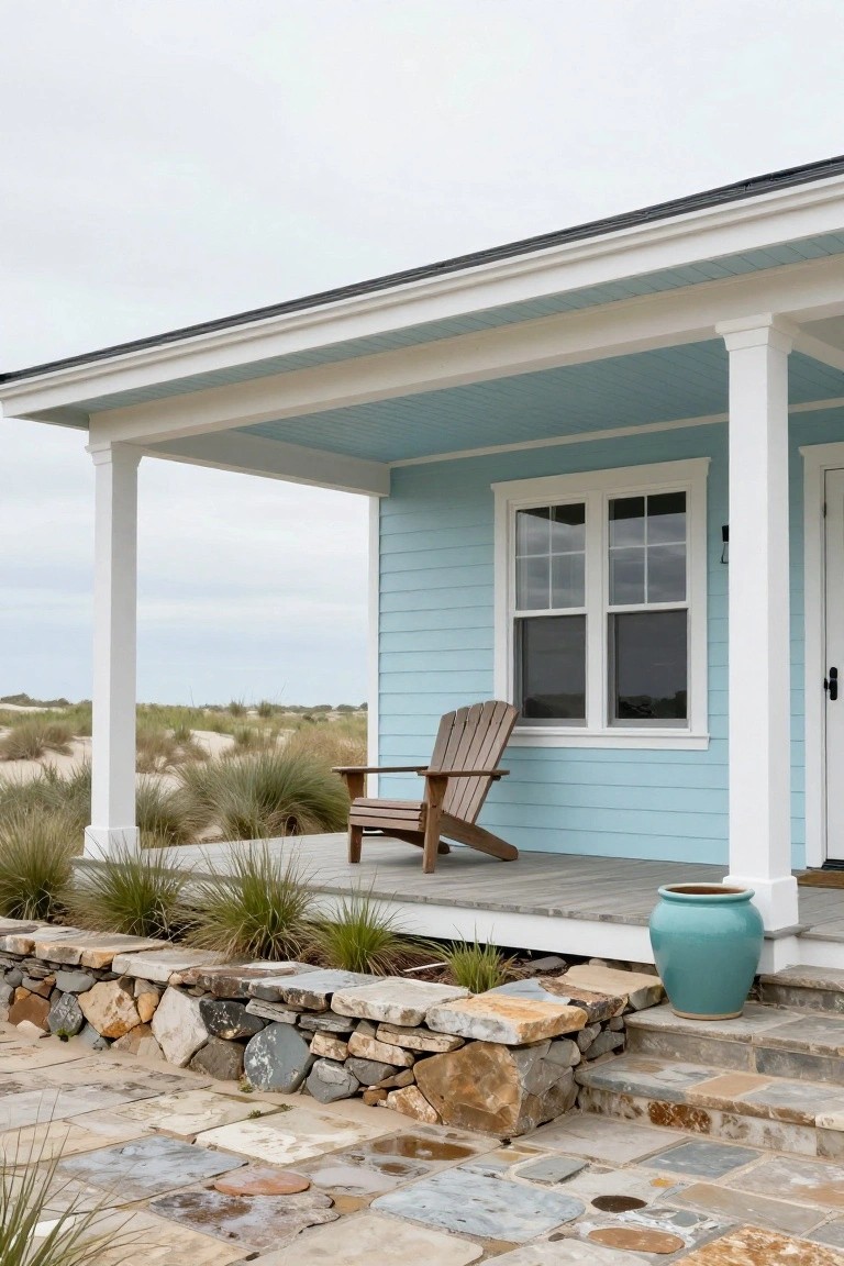 Light blue clapboard house exterior with white porch columns and matching blue ceiling, wooden Adirondack chair on the deck, turquoise pot, dune grasses, stone retaining wall, and stone steps to the front door.