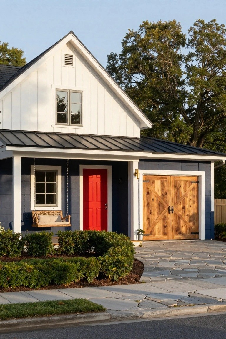 House exterior with white vertical siding, navy blue porch and garage walls, red front door, wooden double garage doors, porch swing on chains, shrubs along the front, and flagstone walkway.