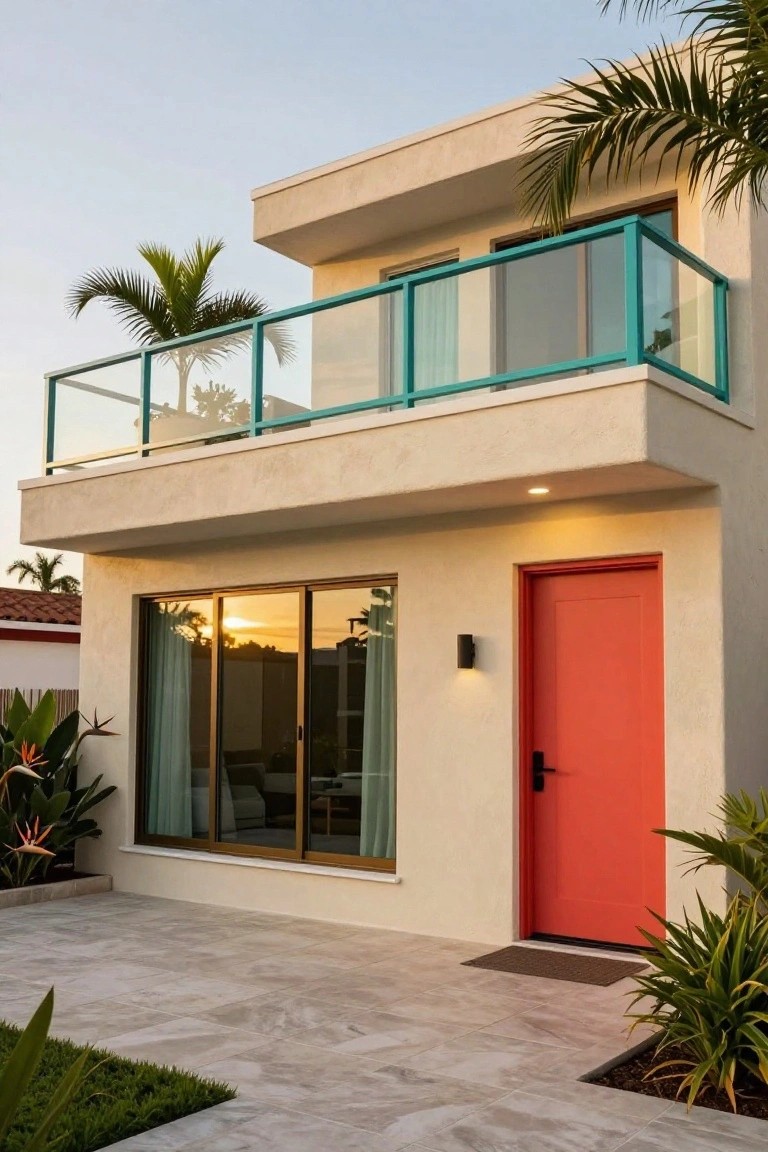 Modern two-story stucco house exterior with red front door, teal glass balcony railing, large sliding glass windows, potted plants, palm trees, and tiled entry path at sunset.