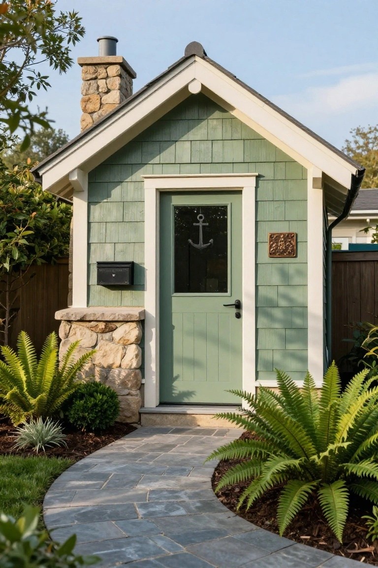 Small sage green shingled backyard building with stone chimney, anchor-decorated glass door, mailbox, bronze plaque, stone pillar, ferns, shrubs, and curved flagstone path.