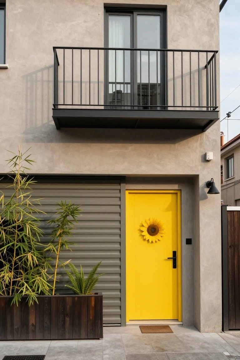 Modern beige stucco house exterior featuring a bright yellow front door with a large sunflower wreath, gray roll-up garage door, black metal balcony above, bamboo plants in a wooden planter box, and wall-mounted outdoor lights.
