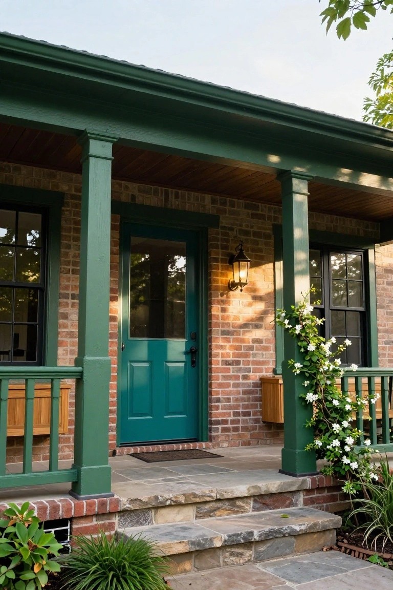 Front porch of a brick house with teal double doors, green painted columns and trim, wall lanterns, climbing white flowers on railing, and stone steps.