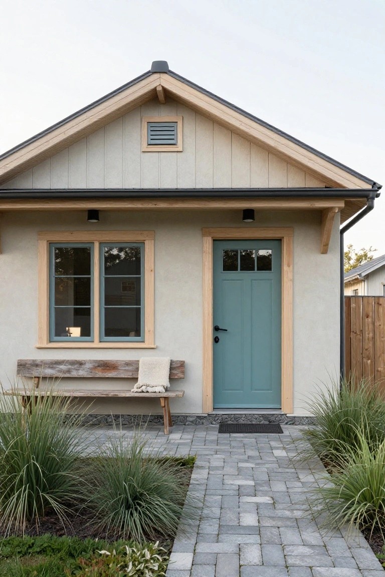 Small house exterior with light beige siding, teal front door and window frames, wooden eaves and trim, weathered bench by the window, brick paver path, and ornamental grasses in the front yard.