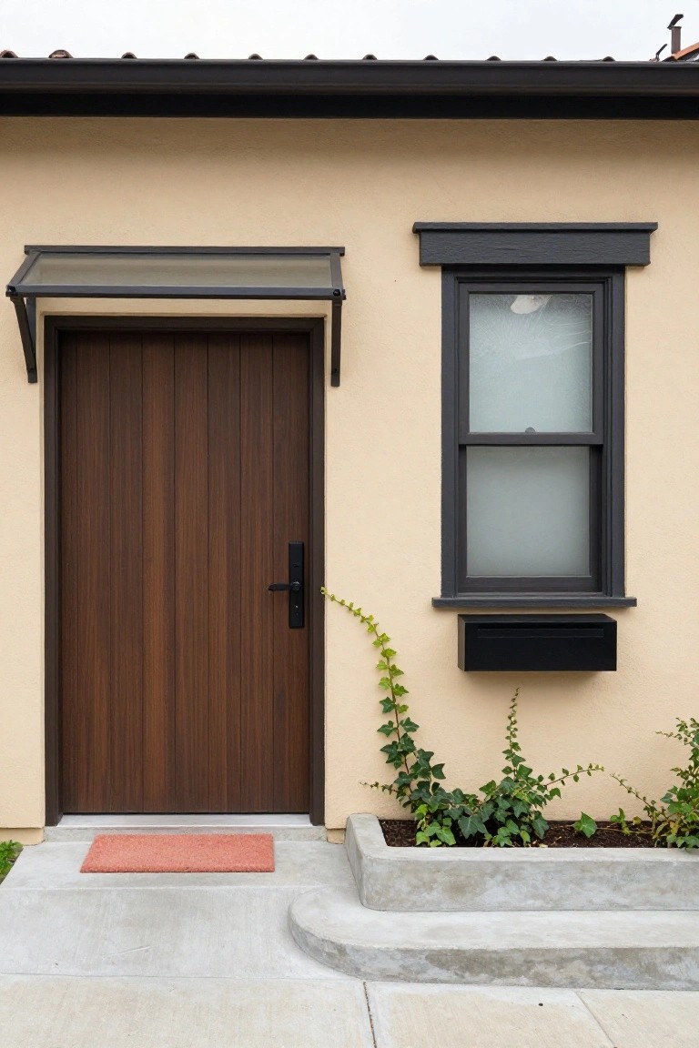 Beige stucco house exterior with dark wood entry door, black-framed window, metal awning, ivy plants in a concrete planter, and red doormat on a concrete stoop.