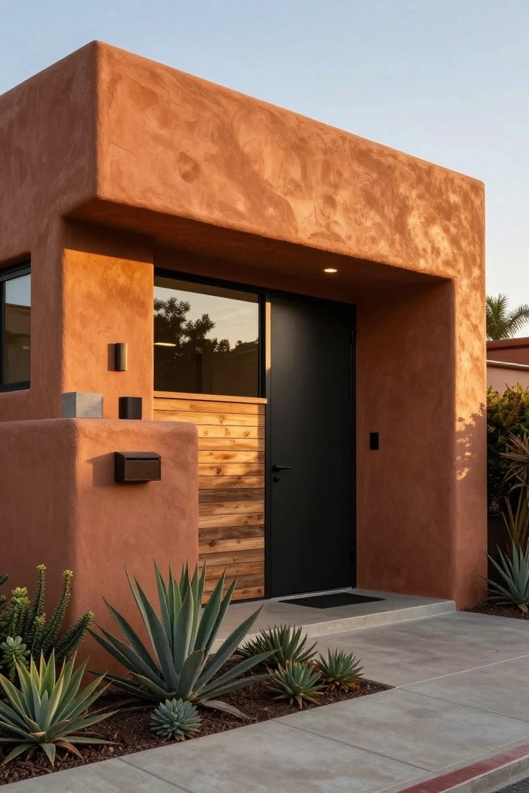 Boxy modern house exterior with terracotta stucco walls, black front door, vertical wooden accent panel beside entry, small window, and succulent plants in front.