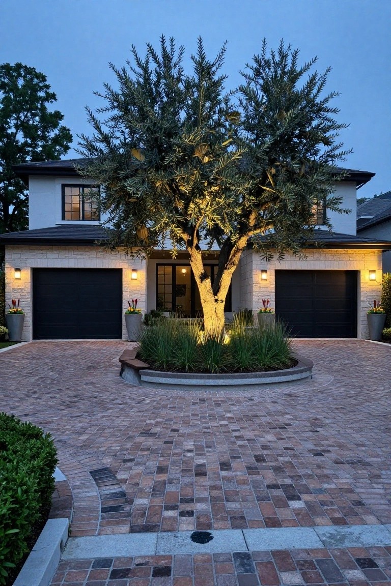 Modern two-car garage exterior with white stucco walls, black doors, and a central lit olive tree in a circular concrete planter with bench, flanked by potted plants and grasses on a brick paver driveway at dusk.