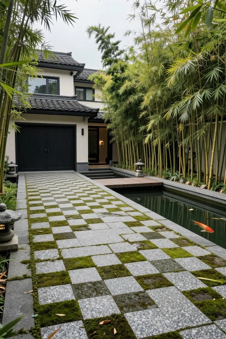 Modern house exterior with gray tiled roof, black garage doors, white walls, surrounded by bamboo groves, featuring a checkered gray stone and green moss pathway alongside a rectangular koi pond with orange fish.
