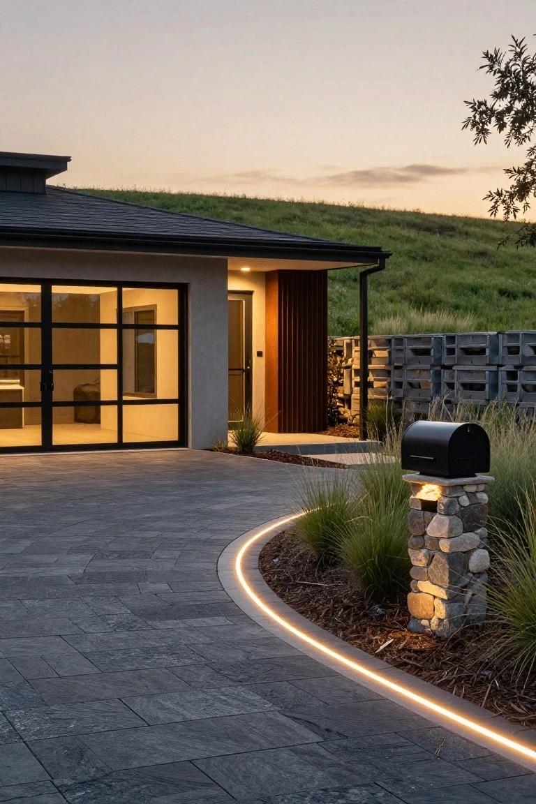 Modern house exterior at dusk with curved dark paver driveway edged in LED strip lights, grasses, and a stone pillar with black mailbox near the entry.