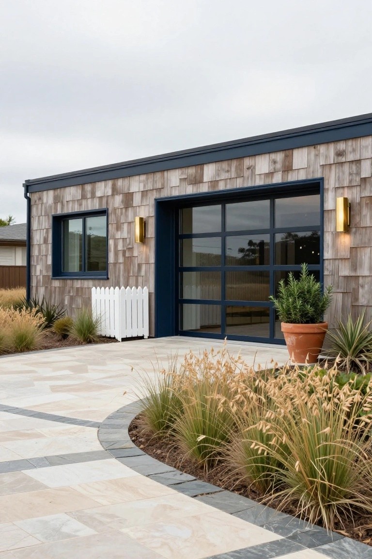 House exterior with weathered shingle siding, large dark-framed glass garage door, white picket fence enclosure, potted rosemary and agave plants, and curved light paver pathway with dark stone borders edged by ornamental grasses.
