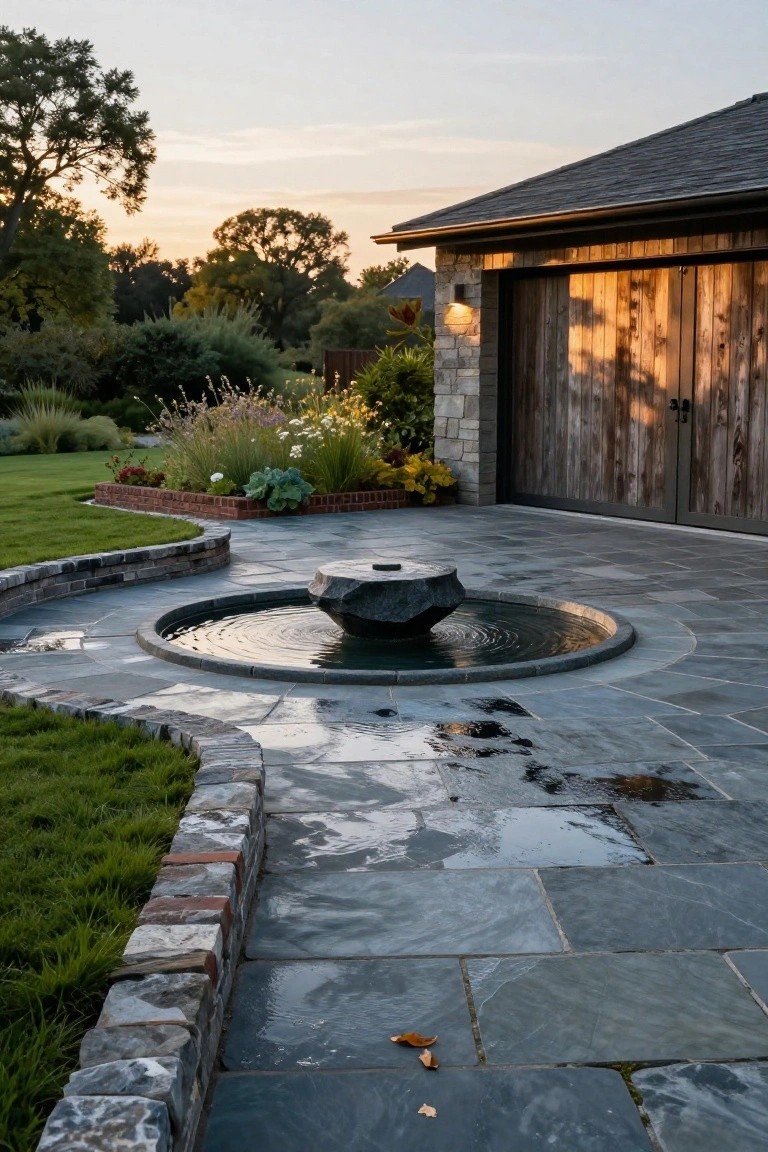 Garage with vertical wood plank doors and stone wall, approached by curved slate tile pathway encircling a circular black boulder fountain, bordered by brick-edged garden beds and grass at dusk.