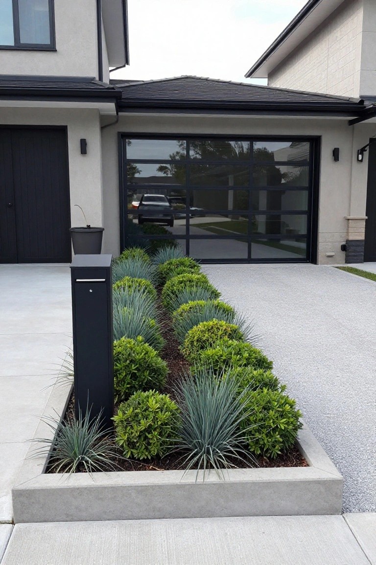 Modern concrete driveway beside a house with black-framed glass garage door, featuring a linear raised concrete planter bed with blue agave plants and green boxwood shrubs, and a tall black mailbox.