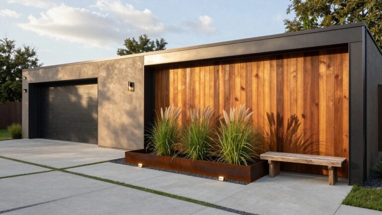 Modern garage with vertical wood siding, black metal trim, open dark wood-paneled garage door, wooden trestle bench on concrete driveway, and metal-edged planting bed of grasses and black gravel alongside the pavement.