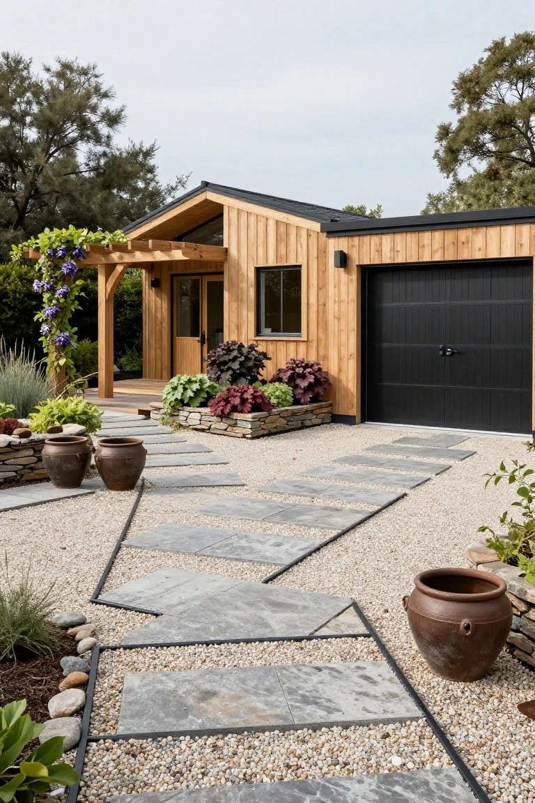 Wooden modern house with black garage door and covered entry, approached by zigzag gray slate pavers set in light gravel driveway, flanked by stone planters, terracotta pots, and various plants.