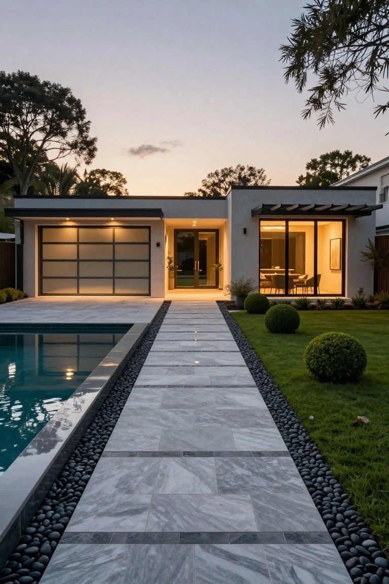 Modern single-story house exterior at dusk with lit garage door, glass entry doors, pool on the left, and gray tiled pathway with black pebble borders leading to the house, surrounded by lawn and shrubs.