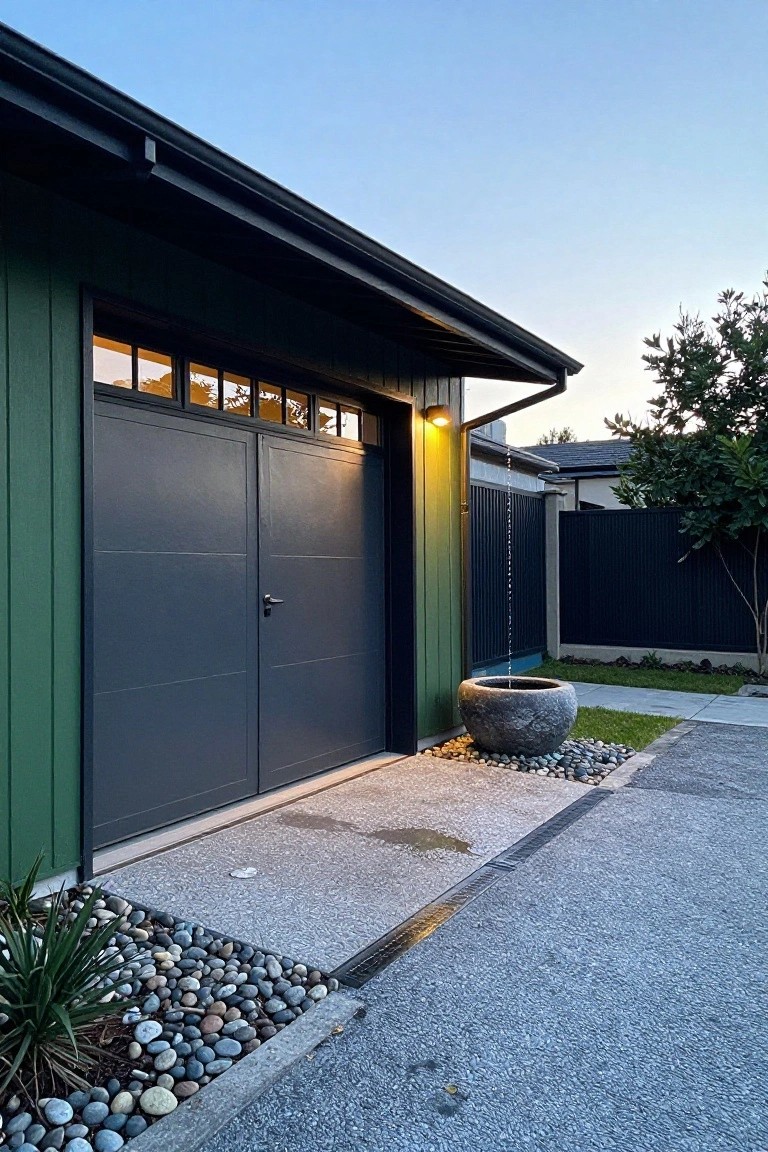 Exterior view of a green board-and-batten garage with dark gray double doors, a lit wall sconce, downspout chain into a stone basin, pebble-edged planting bed with agave, and concrete driveway.