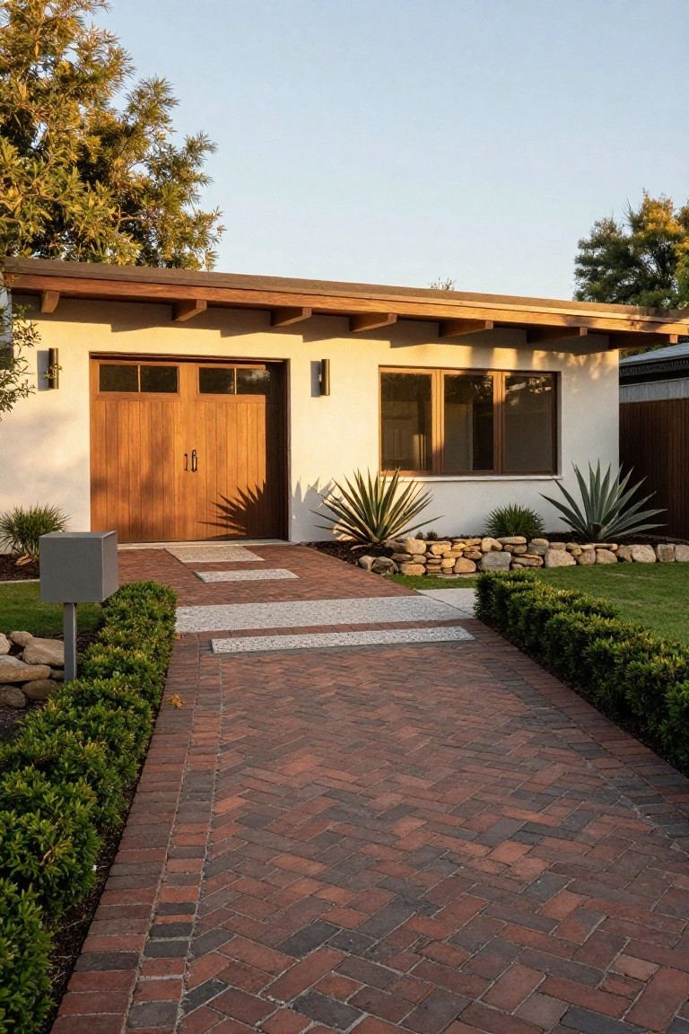 Beige stucco detached garage with wooden double doors and large windows, approached by a herringbone-patterned red brick pathway edged in boxwood hedges and agave plants, with a mailbox nearby.