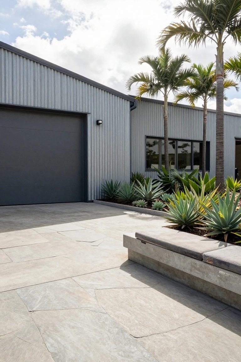 Modern corrugated metal garage with gray roller door next to a driveway of large irregular light stone pavers, bordered by agave plants, palm trees, and a concrete bench.