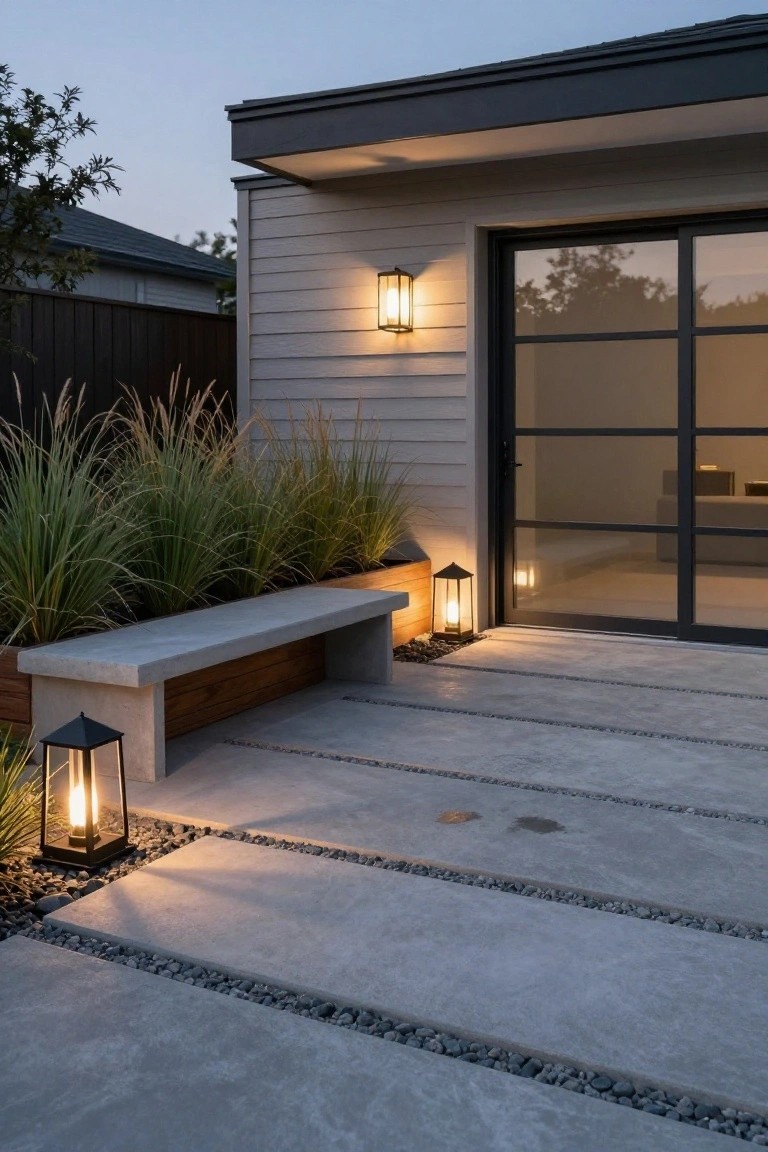 Dusk view of a modern backyard patio featuring concrete slab pavers with gravel joints, lit black lanterns, a low concrete bench with wood accents beside tall grasses, and a light gray house wall with large sliding glass doors.