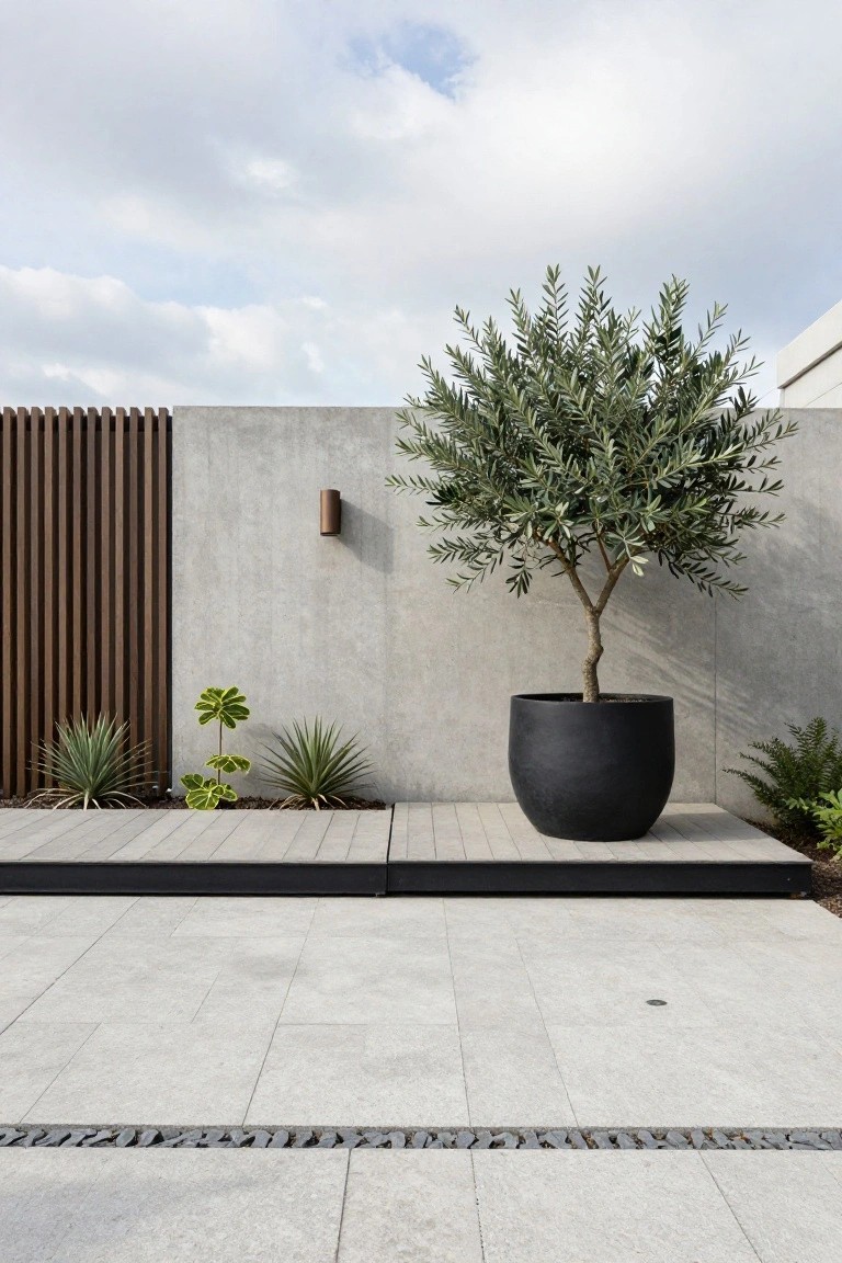 Large olive tree in a black cylindrical pot on a raised concrete platform next to a gray concrete wall with wooden slats and a wall-mounted light, flanked by smaller potted plants including agaves and a schefflera, with light gray paver tiles and a stone drainage channel in the foreground.