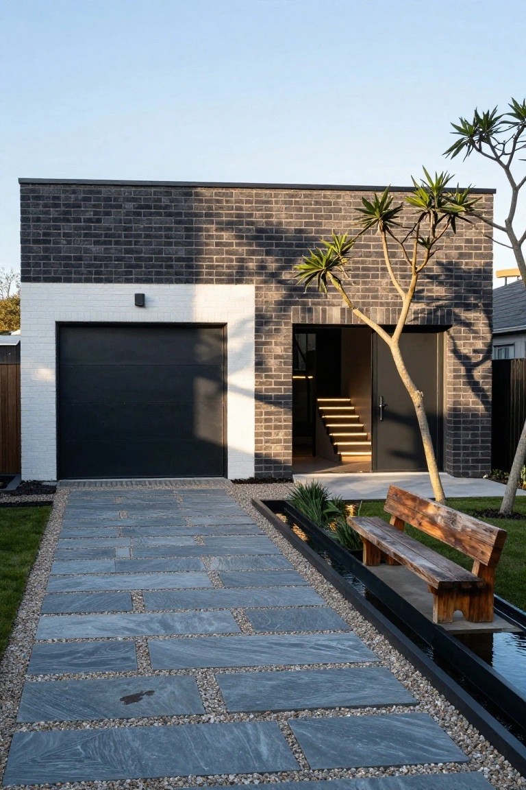 Modern house exterior with dark brick upper facade, white lower section, black garage door and entry door with illuminated stairs, a slender tree nearby, wooden bench beside a narrow water feature, and a pathway of large gray slate slabs with pebble gaps leading from the street.