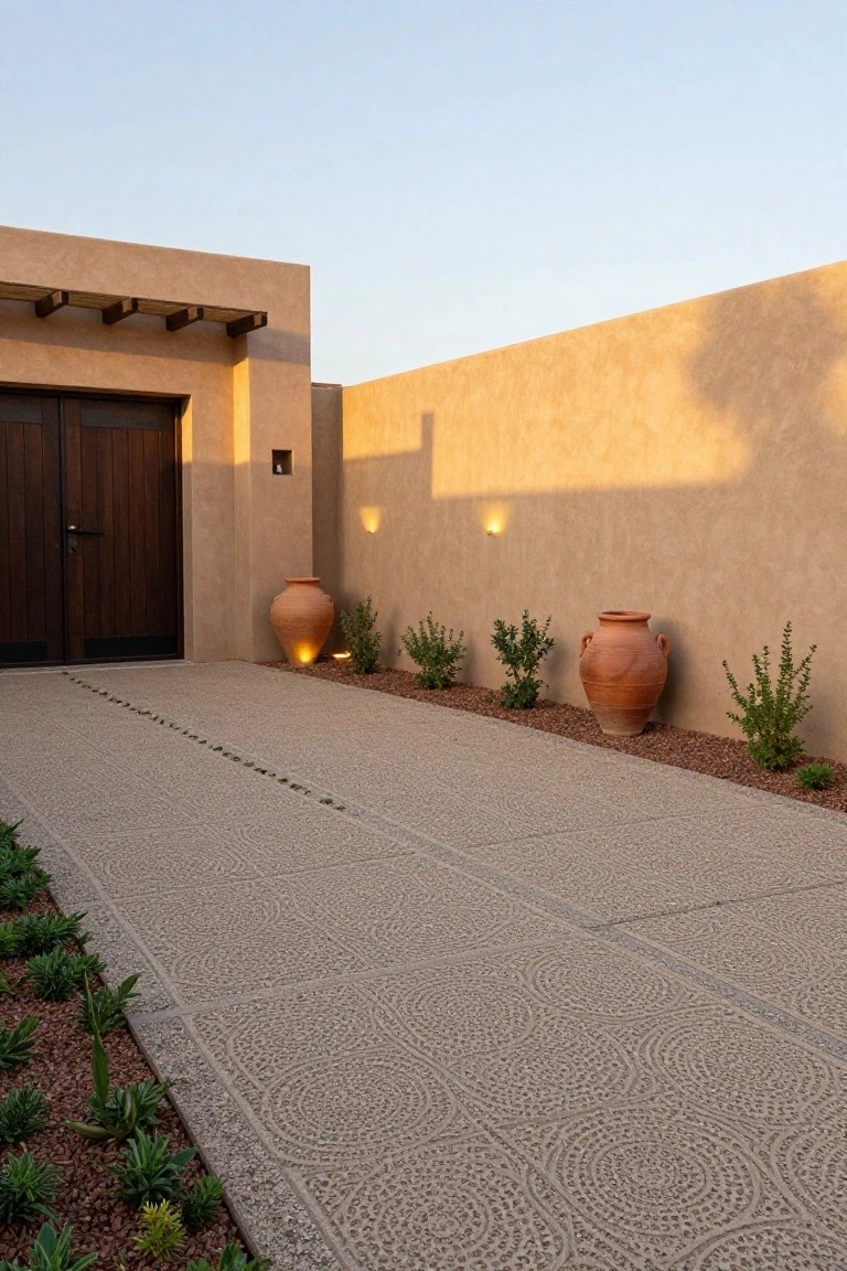 Tan stucco house exterior with wooden double doors under a pergola, large terracotta pots along the walls, low shrubs, gravel beds, and a wide beige concrete driveway featuring circular geometric patterns.