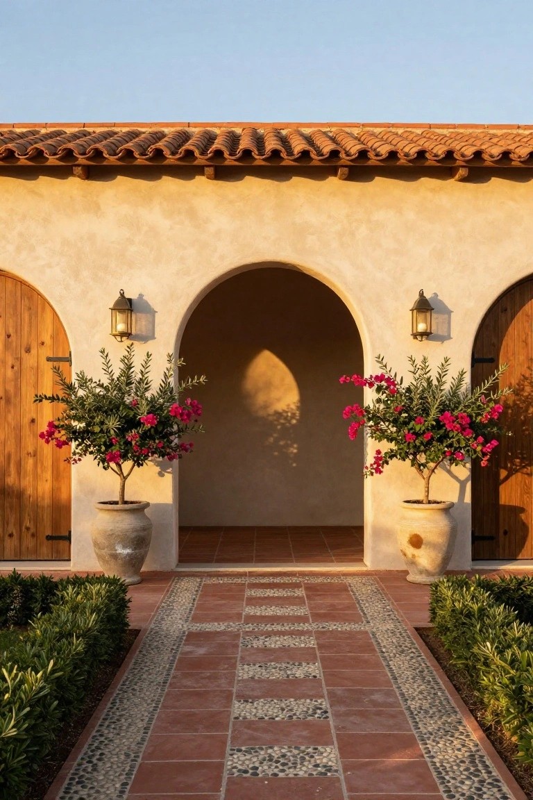 Arched stucco entryway of a Spanish-style house flanked by wooden doors, lantern lights, potted bougainvillea plants, terracotta tile pathway with pebble inlays, and boxwood hedges under a clear sky.