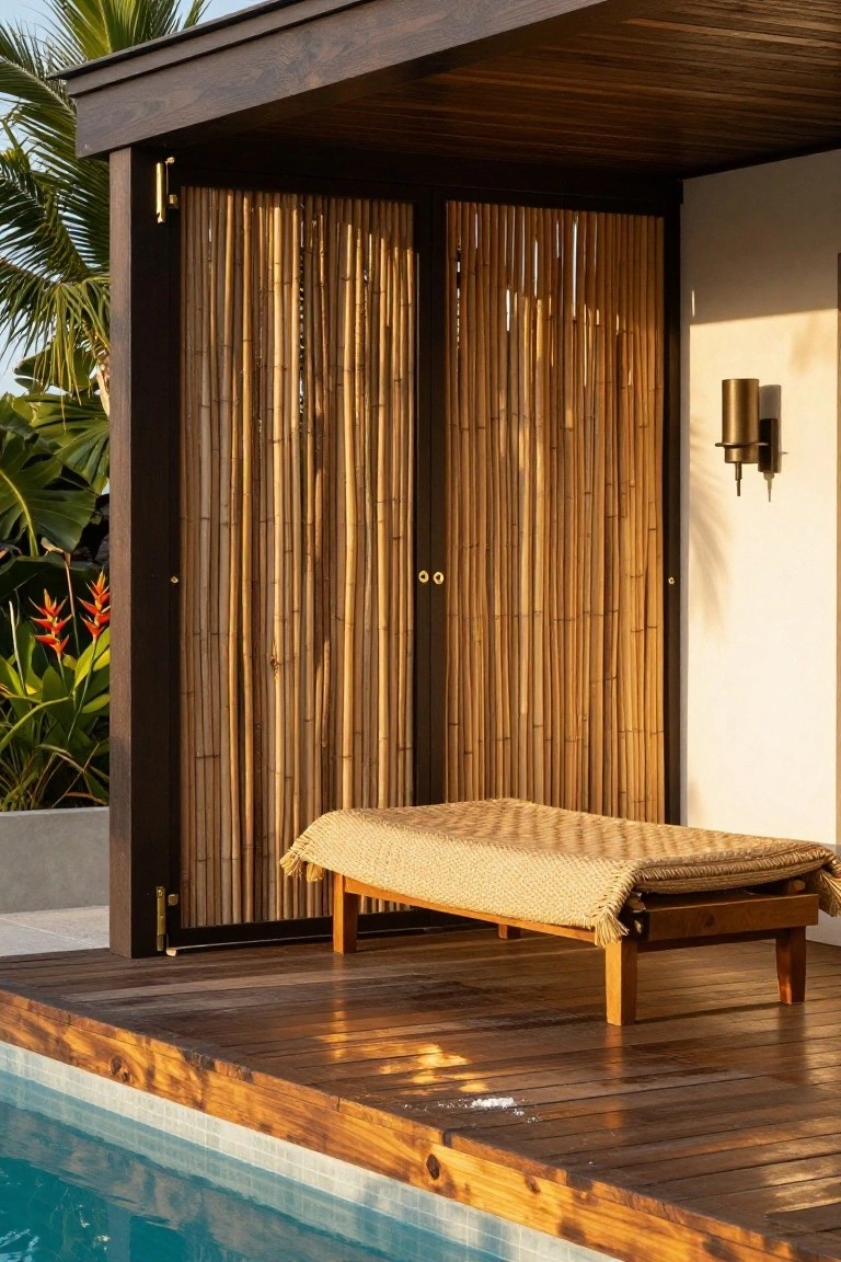 Wooden deck beside an infinity pool with a beige woven daybed lounge, tall vertical bamboo privacy screens on one side, tropical plants, and brass wall lights.