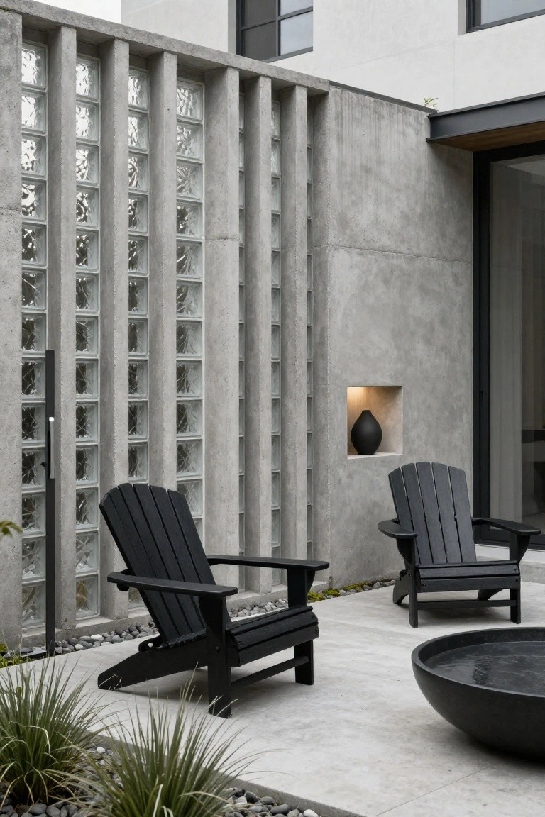 Tall concrete wall with glass block panels encloses an outdoor patio featuring two black Adirondack chairs, a black fire bowl on light gray pavers, grasses, and pebbles.