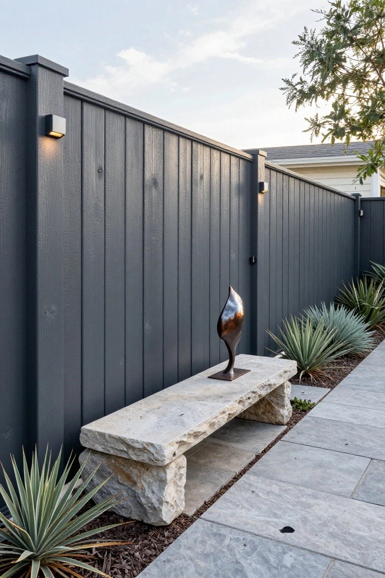 Tall dark gray vertical wooden privacy fence along a gray paver pathway, featuring a rough limestone bench with a bronze flame-shaped sculpture on it, flanked by agave plants and mulch beds.