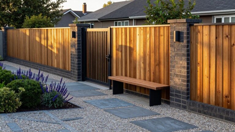 Tall vertical wooden slat fence between brick pillars with a built-in wooden bench supported by black metal legs, purple lavender plants in a gravel bed next to a dark slate pathway.