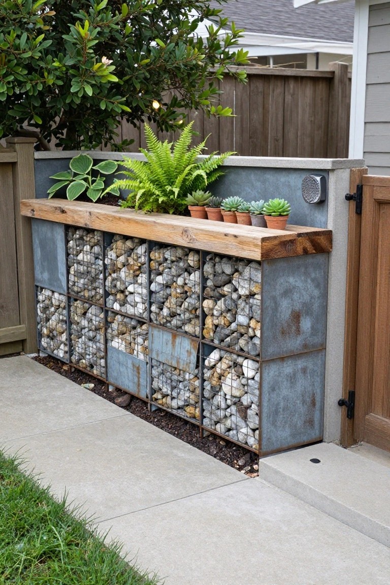 Stacked gabion baskets filled with pebbles and rocks form a backyard privacy fence with rusted metal panels and a wooden top ledge displaying potted succulents, ferns, and hostas, beside a concrete walkway and wooden gate.