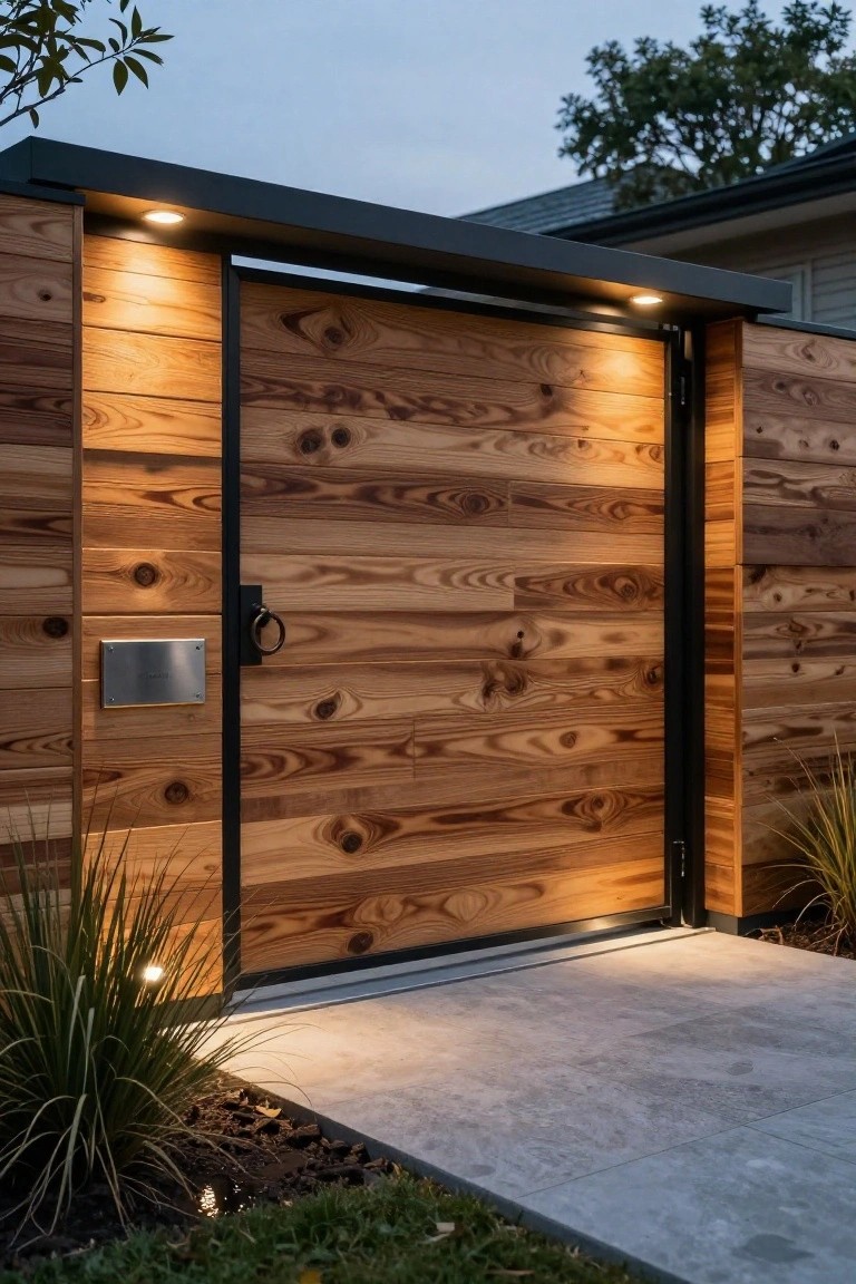 Tall wooden gate with vertical planks and black metal frame set in matching wooden fence panels, with a brass knocker, silver mail slot, and recessed lights, next to plants and a concrete pathway at dusk.