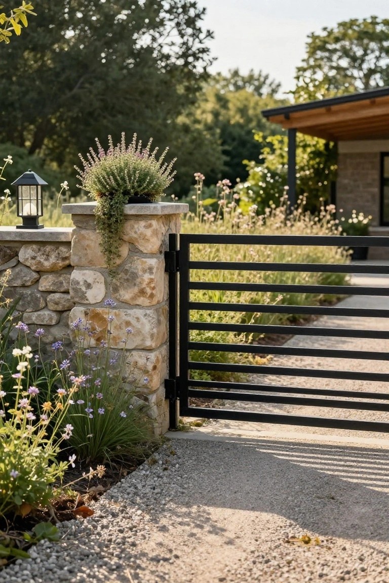 Black horizontal bar metal gate mounted between tall stone pillars at a driveway entrance, with wildflowers, lavender, and trailing plants along the base and gravel path leading to a house.