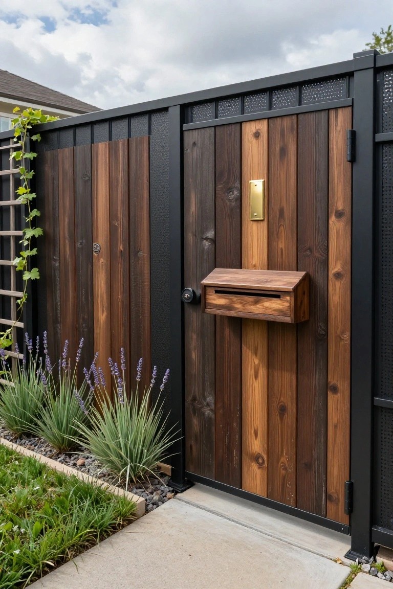Tall pedestrian gate featuring vertical wooden slats in mixed brown tones within a black metal frame, with brass doorbell, wooden mailbox, lavender plants, and ornamental grasses along a gravel bed next to a concrete path.
