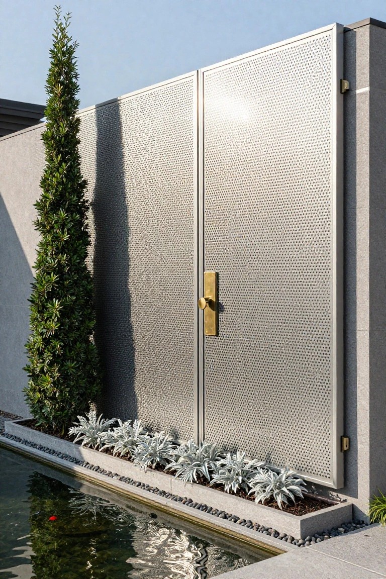 Double perforated silver metal gates with gold knob handles set in concrete walls, flanked by a tall green conifer tree, silver-leafed plants in a pebble-edged bed, and a small koi pond with red fish at the base.