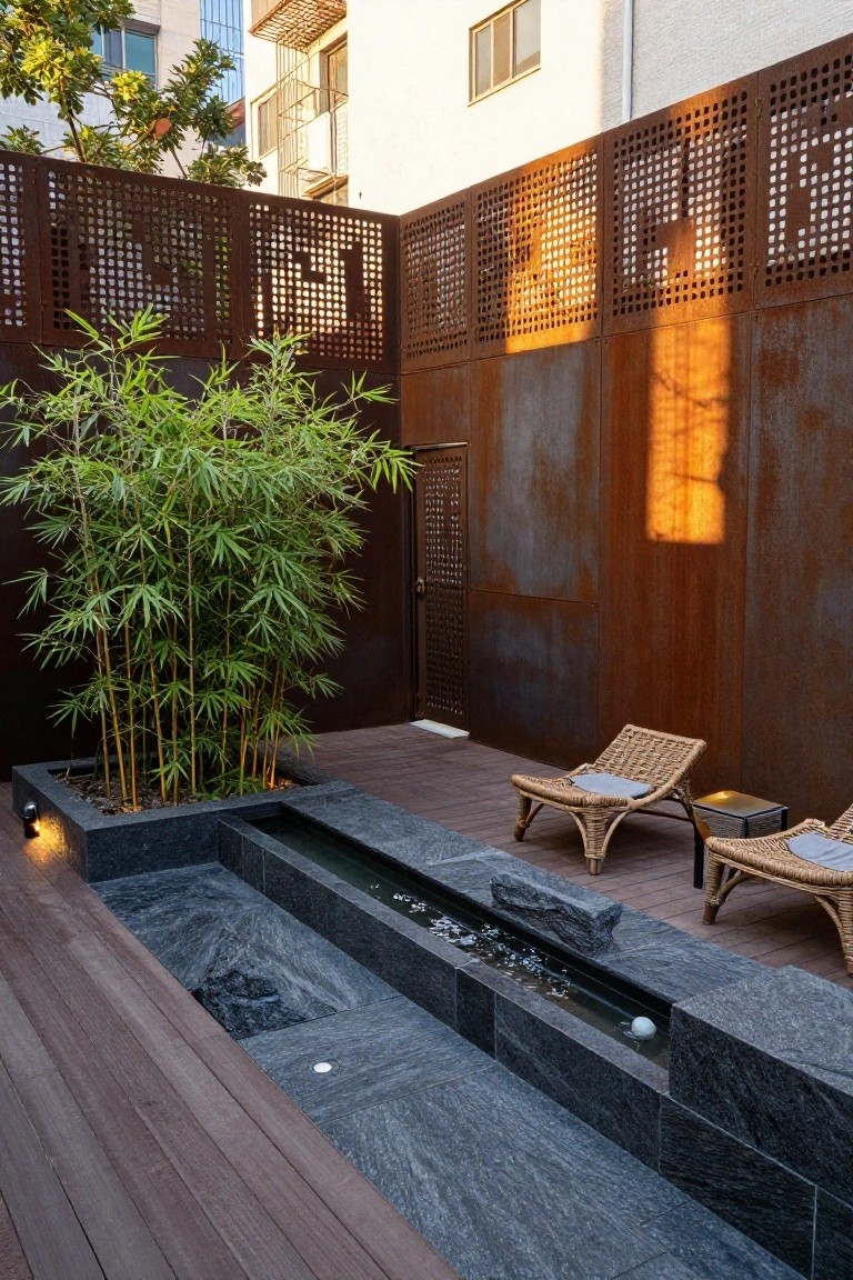 Courtyard patio enclosed by tall perforated rusted metal screens, with a bamboo plant in a black planter box, a linear stone water feature, rattan loungers on a wooden deck, and buildings visible in the background.