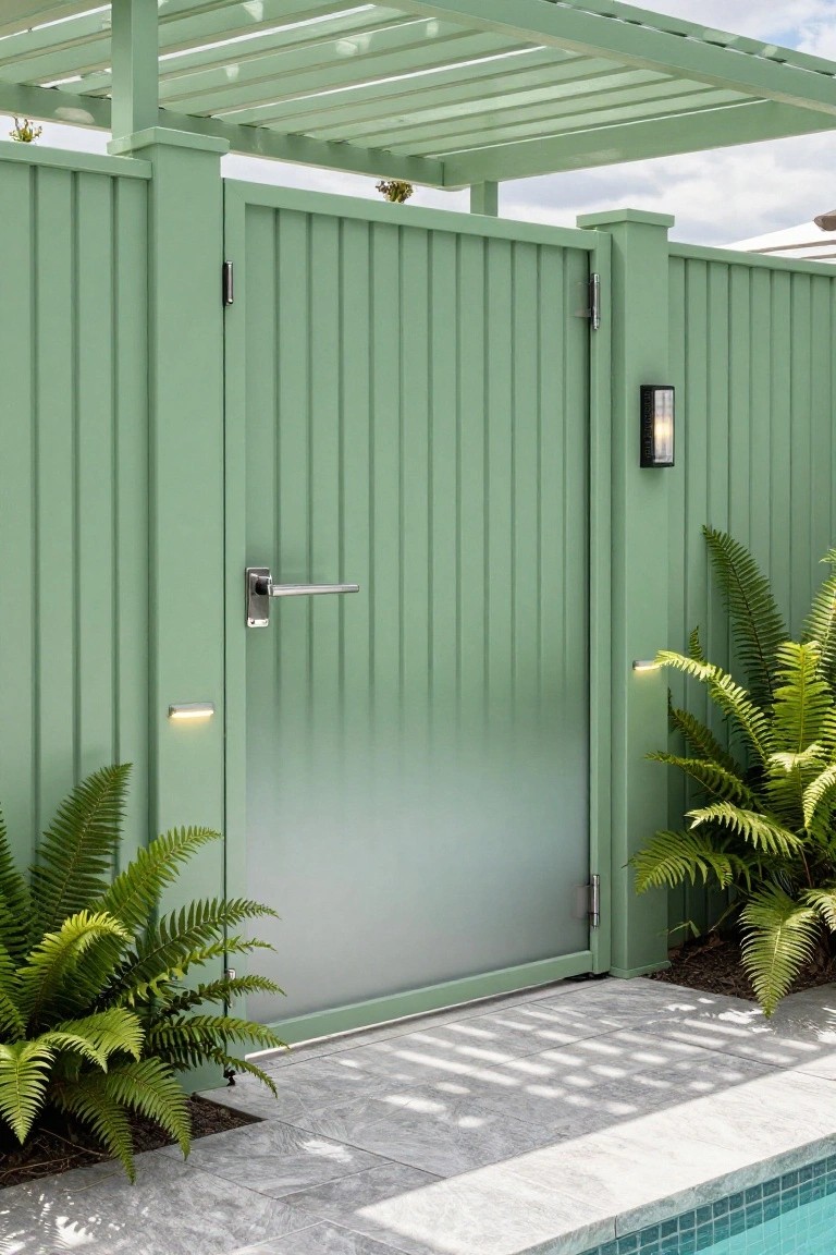 Sage green vertical slat wooden fence and double gate with frosted glass panel on one side, chrome handle, integrated lights, ferns on both sides, and pool edge nearby under a pergola.